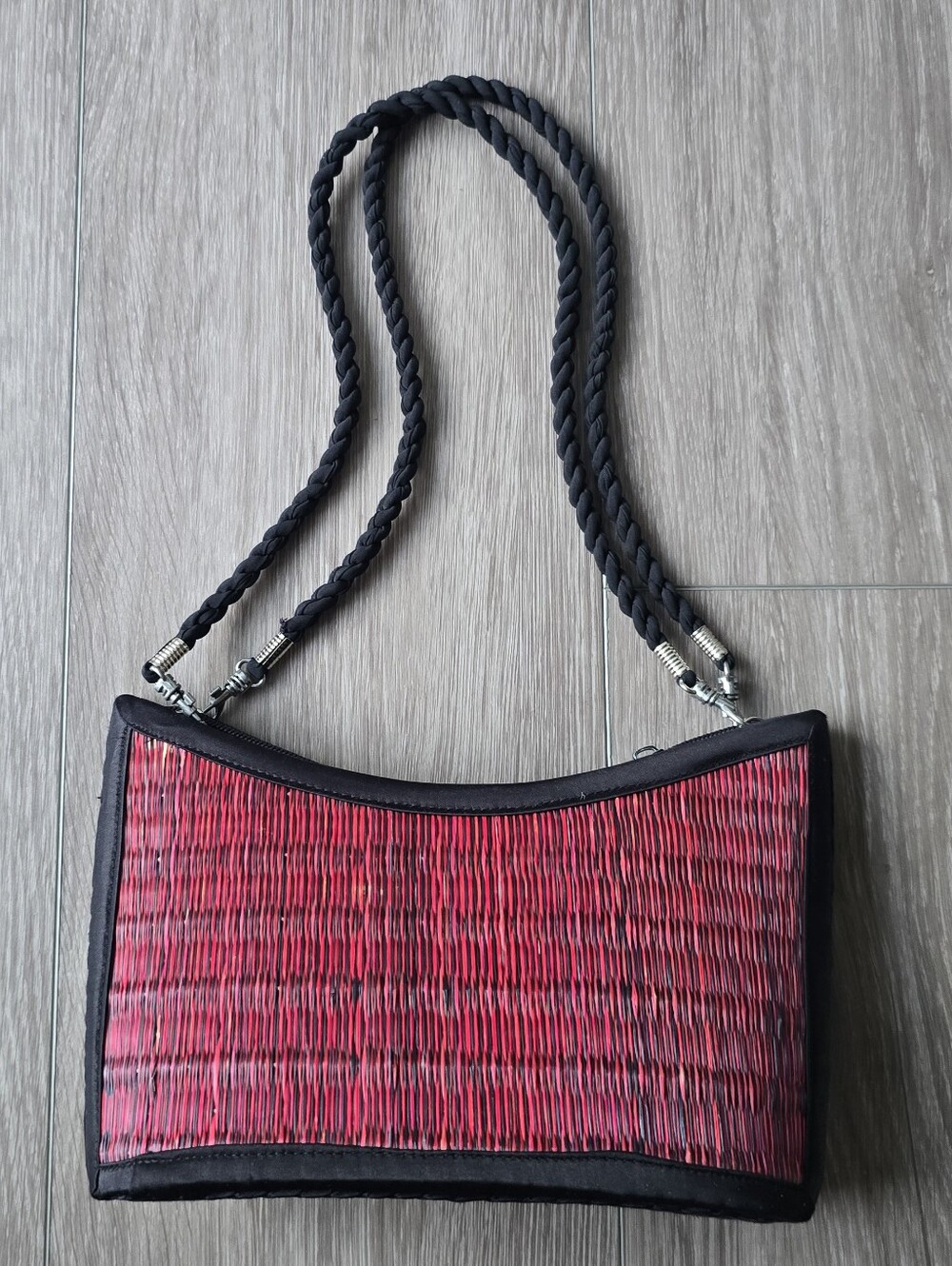 Baskets of Cambodia Saraye Tatami Woven Shoulder Bag Red Black Rope Handle Purse